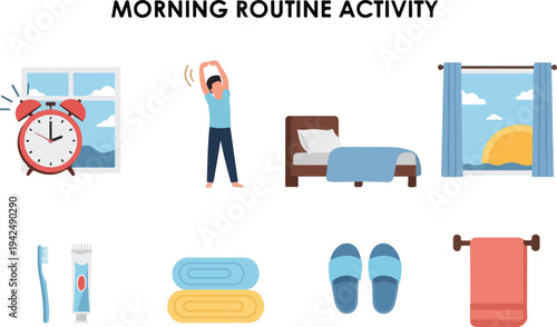 A morning routine diagram displays an alarm stretching person bed window toothbrush towels slippers and towel