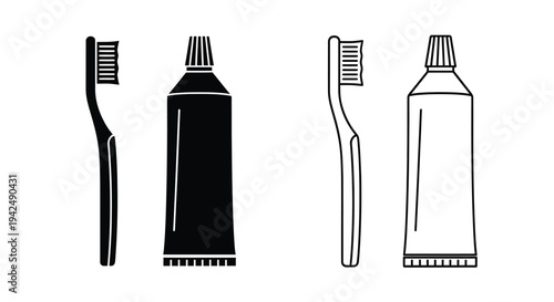 Black and white illustration of toothbrushes and toothpaste tubes