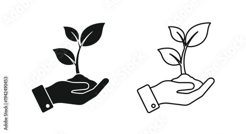 Hands cradling young plant sprouts in a black and white illustration