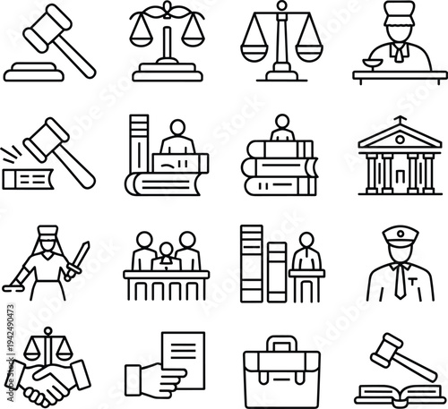 Set of black line law icons including judge gavel scales of justice courthouse legal books and attorney symbols