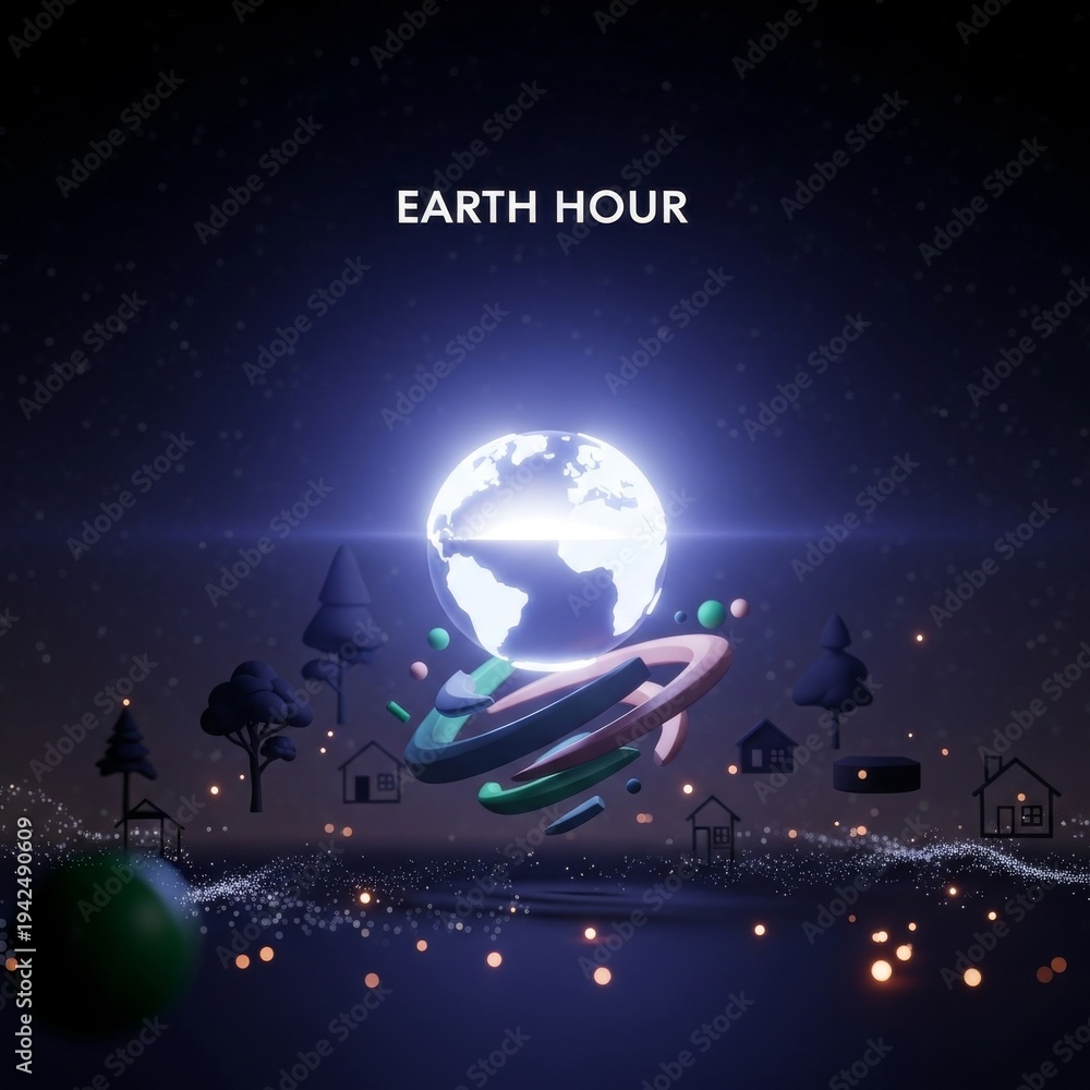 Fototapeta premium Earth Hour illustration with glowing Earth, homes, and trees