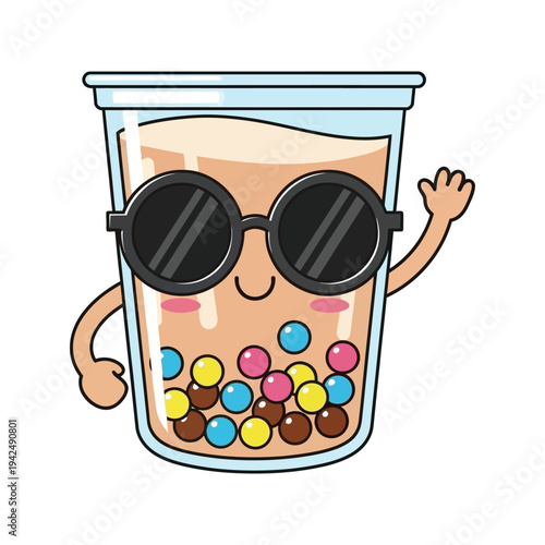 Cute cartoon bubble tea character wearing stylish sunglasses and waving its hand happily