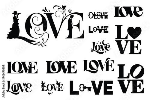 Black love text with various typography and silhouettes