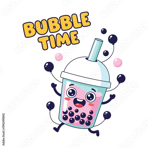 Cute cartoon bubble tea character with big eyes and a happy expression jumping with boba.