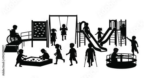 Inclusive playground children activities silhouette vector