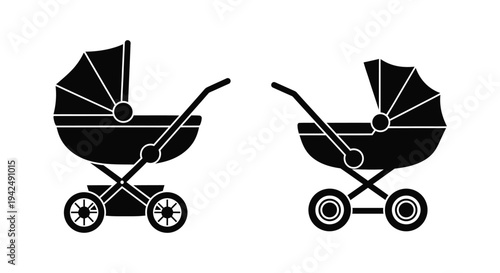 Two black baby carriages displayed in a simple silhouette