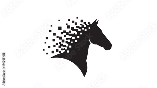 Horse head silhouette dissolving into pixels, representing speed and technology. featuring pixel, dissolve, disintegrate with digital and motion