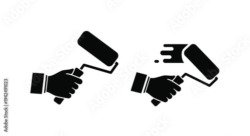 Hands holding paint rollers in a minimalist black silhouette