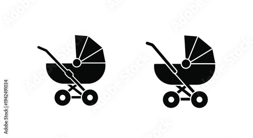 Two black baby strollers depicted in a minimalist silhouette