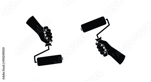Two hands holding paint rollers in a stark graphic silhouette