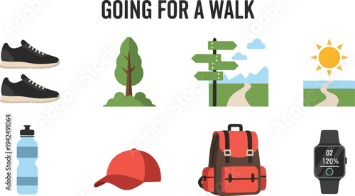 An illustrated image showcasing elements for a walk shoes tree signpost sun water bottle cap backpack and smartwatch