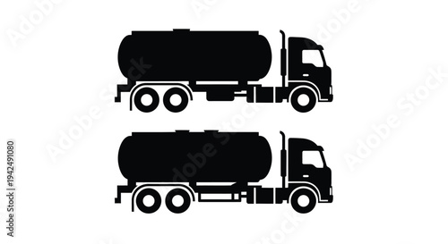 Two black tanker trucks depicted in a stark flat silhouette