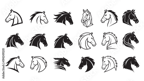 Horses iconic silhouettes in diverse artistic styles showcasing profiles with flowing manes in black and white vector art