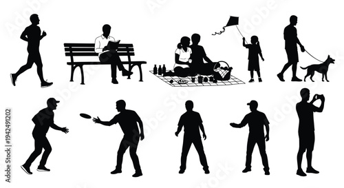 Park family outdoor activities silhouette vector