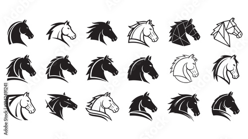 Horse head icons with various black and white stylized designs, showcasing diverse artistic interpretations of equestrian profiles.
