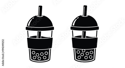 Two bubble tea drinks displayed in a bold black silhouette