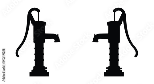 Two vintage water pumps depicted in a stark black silhouette