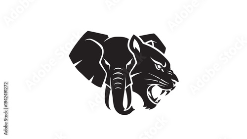 Elephant and tiger heads merge in a striking black and white stencil-style graphic design, symbolizing power and unity.