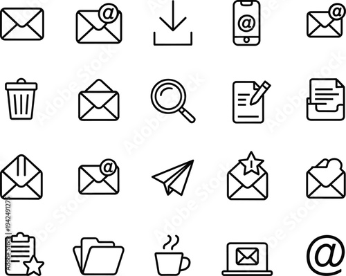 Set of twenty minimal thin line email and office icons for business communication website and newsletter interface design.