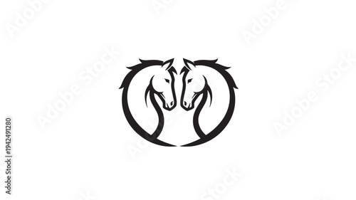 Horses heads facing each other logo with a circular design and a stylized mane featuring horse, animal, black with white and symbol elements for