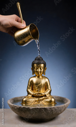Wallpaper Mural Hand pouring water over a golden Buddha statue in a bowl - Concept of Buddha's Birthday   Torontodigital.ca
