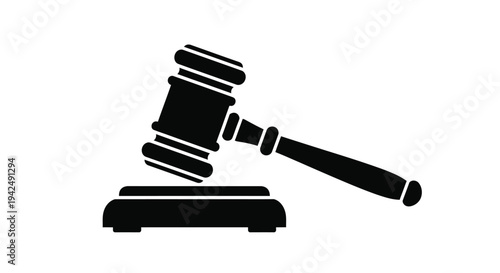 A black silhouette of a gavel resting on a sound block silhouette