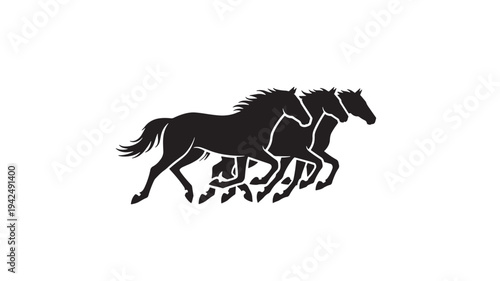 Three black running horses in profile with manes and tails flowing to the left, isolated on a white background.