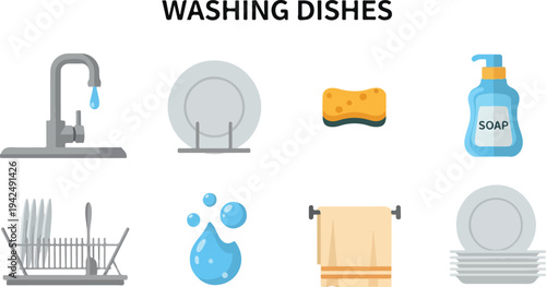 An illustration depicting various items related to washing dishes