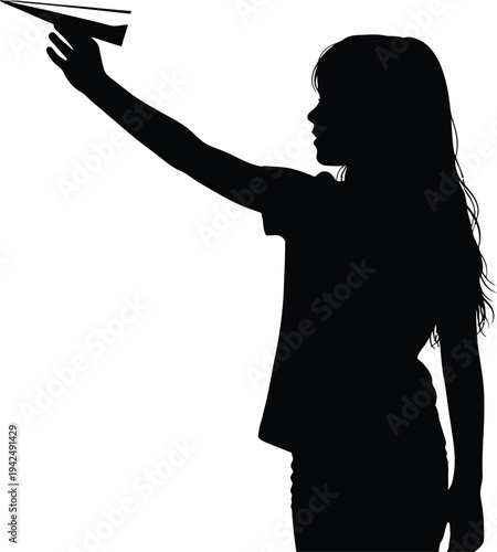 Woman Throwing Paper Plane Silhouette Vector Black Freedom Dream Inspiration Art Symbol
