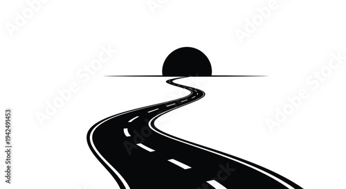 Winding road leading towards a dark sun minimalist silhouette