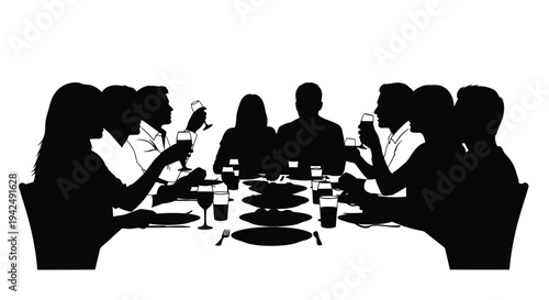 Group dining table conversation silhouette vector