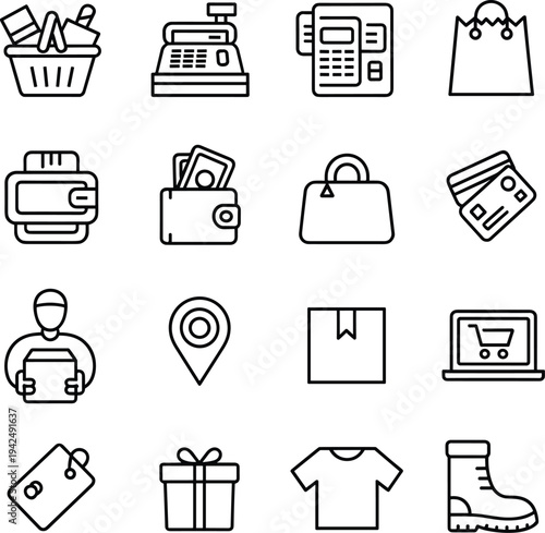 Shopping and E-commerce Line Icon Set Featuring Cash Register Credit Card Delivery Box and Online Store Symbols
