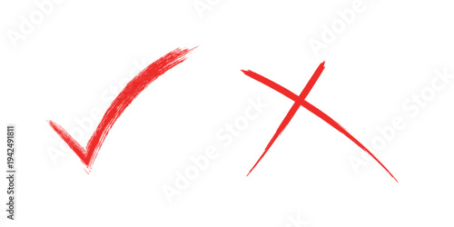 Red check mark and cross brush symbol set. Approval rejection vector collection