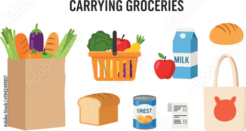 An illustration shows grocery items A brown paper bag basket milk carton apple bread and tote bag are displayed