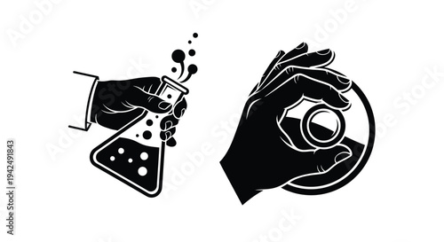 Hands holding flask and orb a striking black graphic silhouette