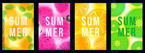 Summer. Summer trendy vector Blur effect vertical poster cover Set with srrawberry lemon kiwi fruit. Perfect modern Summer card design with soft Blur effect citrus fruits. 