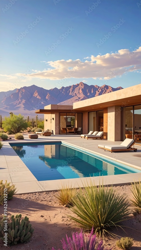 Fototapeta premium Modern desert home with pool and mountain view