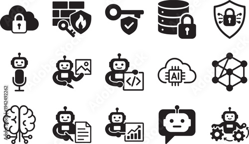 Collection of AI and cybersecurity icons featuring robots cloud computing and data security symbols for technology concepts isolated on white background