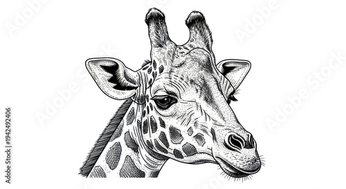 Giraffe Head Portrait, Black and White Ink Drawing, Detailed Wildlife Illustration