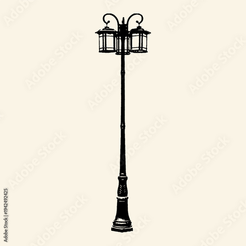 Victorian Double Lantern Street Lamp Post Black Ink Illustration
