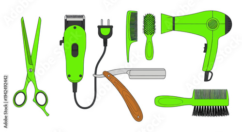 Barber Tools Set: Scissors, Clipper, Razor, Brushes, Hair Dryer - Neon Green