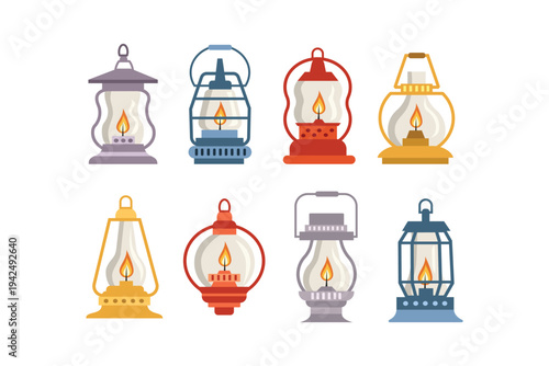 Vintage Lighting Collection Kerosene Oil Lamps. Retro Oil Lamp Collection Isolated. Kerosene Oil Lamp Set with Different Designs.