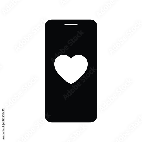 Mobile Phone with Heart on Screen Flat Black Silhouette Icon Vector