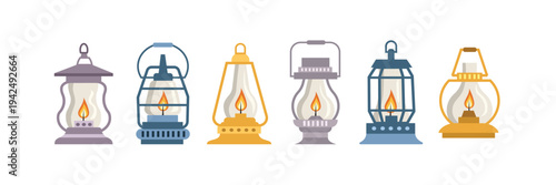 Kerosene Lamp Collection Vintage Oil Lantern Set. Antique Kerosene Lamps Collection Illustration. Kerosene lamp lantern.