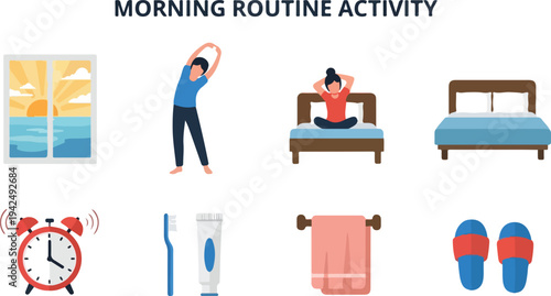 An infographic titled Morning Routine Activity depicts icons window stretching seated person on bed bed alarm toothbrushpaste towel slippers