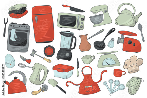 Kitchen essentials stuff and cooking tools for culinary cookware utensil vector cartoon hand drawn illustration Culinary equipment Food preparation instruments. Chef gadgets Vintage kitchenware