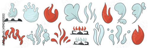icons of fire flames and steam wisps with gas burners, designed for cooking, kitchen apps and food-related