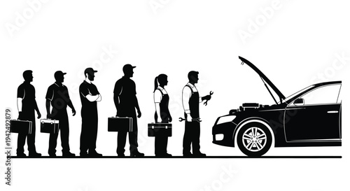 People with broken car assistance silhouette vector