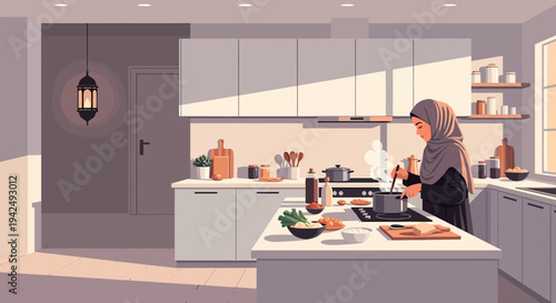 A serene moment captured as a woman in a headscarf skillfully cooks a homemade dish, filling her contemporary kitchen with delightful aromas