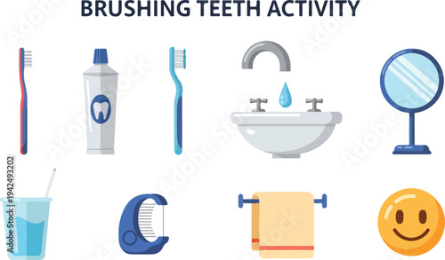 Cartoon illustrations of teethcleaning items toothbrush toothpaste sink mirror cup comb towel and smiley